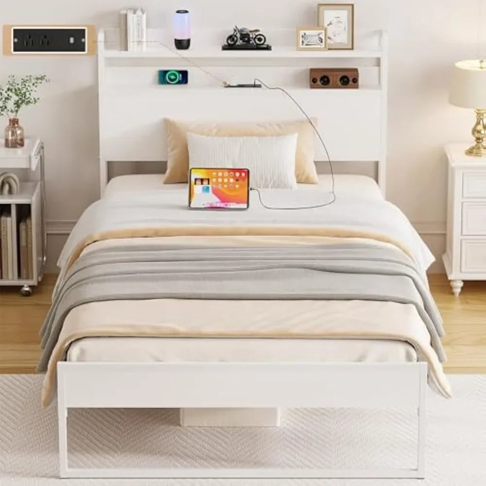 Bed Frames with Charging Station and Storage Headboard, No Box Spring Needed, Noise Free, Easy Assembly, White