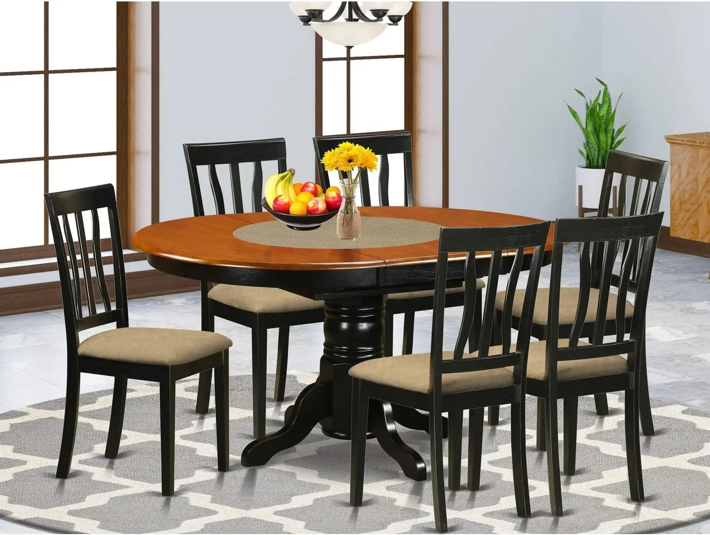 7 Piece Dining Room Table Set Consist of an Oval Kitchen Table with Butterfly Leaf and 6 Faux Leather Upholstered Dining Chairs