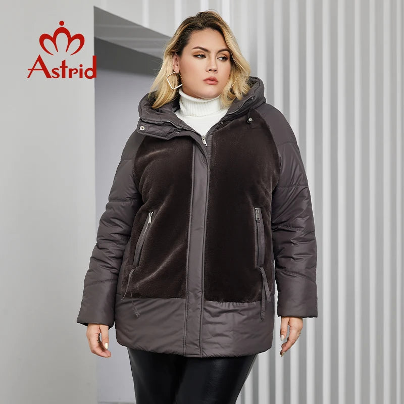 Astrid Plus Size Winter Jacket Women Faux Fur Stitching High Quality Wool Warm Fashion Women's Parka Female Plush Coat Hooded