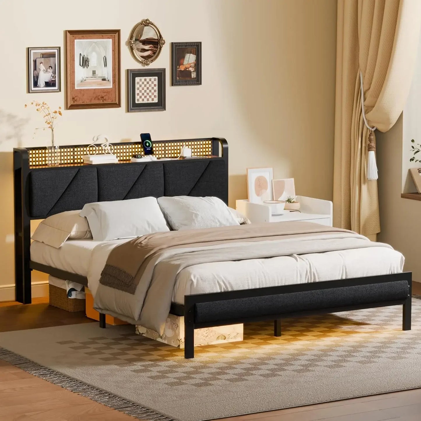 Queen Size Bed Frame with Headboard and LED Lights,Upholstered with Charging Station and USB Port, Platform Me