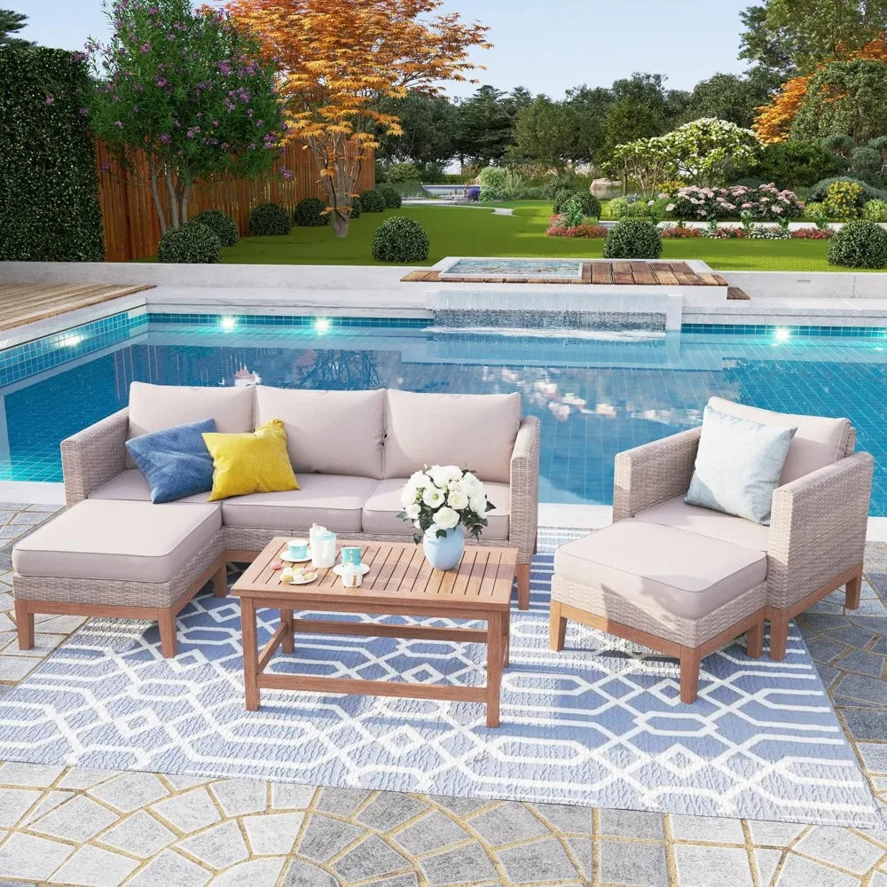 5-Piece Patio Wicker Furniture Set,with Ottoman, Acacia Wood Coffee Table for Poolside,Outdoor Sectional Rattan Cushion Sofa