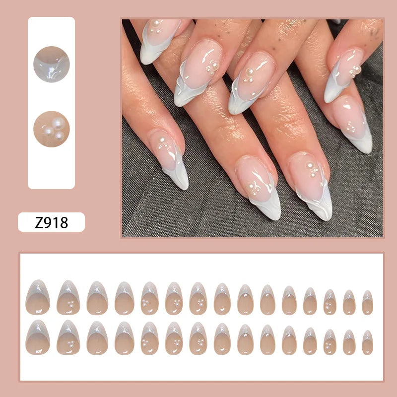 24pcs French False Nails Aurora Mermaid Shell Pearl Decor Fake Nails Wearable Detachabe Sweet Korean Style Almond Press on Nails