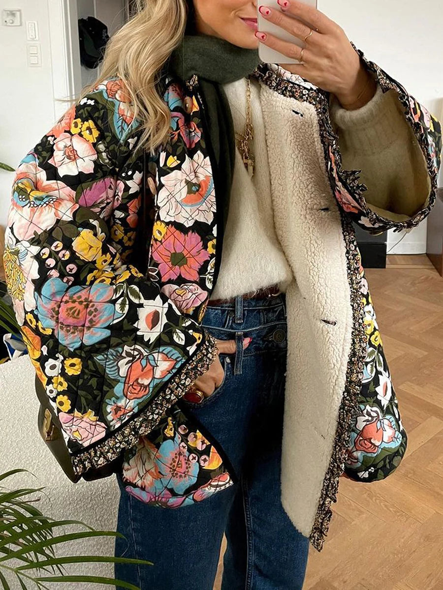 Women's Vintage Floral Print Cropped Puffer Quilted Jacket Long Sleeve Short Padded Coat Fall Winter Open Front Cardigan Outwear