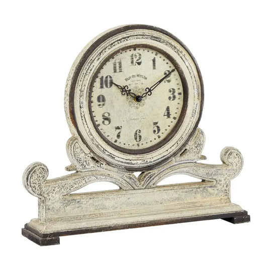 White Wood Vintage Scroll Mantel Clock Table Decor 15" Silent Mechanism Arabic Numerals Rectangle Base Indoor Use Unique Gift