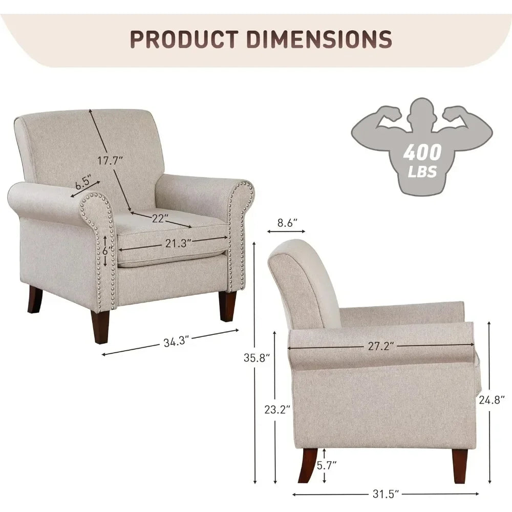 Living Room Chair Set of 2 with Cushion, Rolled Armrest, Nailhead Trim, Large Comfy Fabric Accent Chairs, Living Room Chair