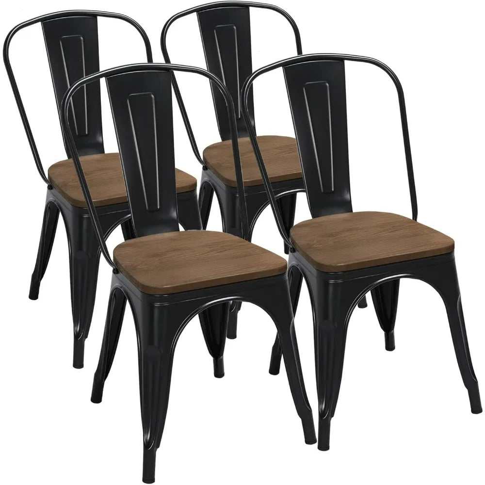 18 Inch Classic Iron Metal Dining Chair with Wood Top/Seat Indoor-Outdoor Use Chic Dining Bistro Cafe  Set of 4 Black