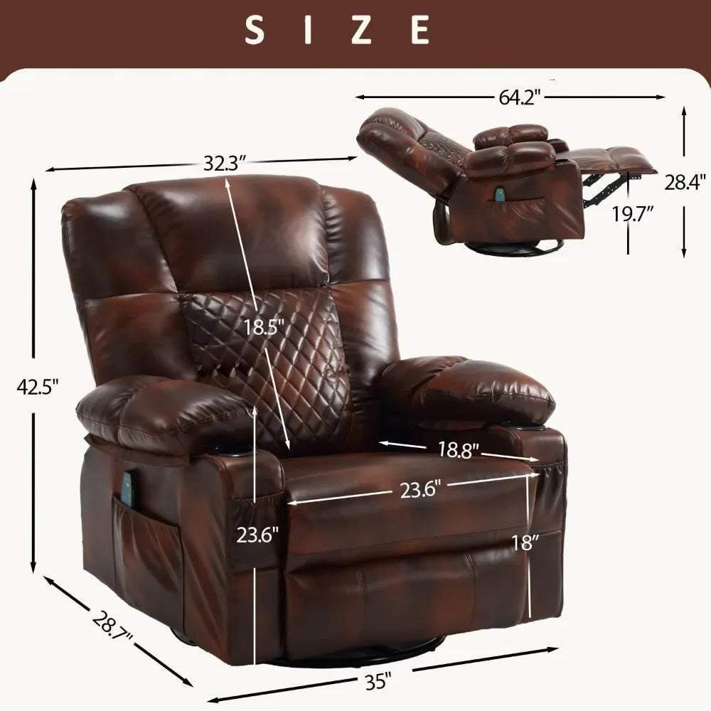 Swivel Rocker Recliner Chair with Massage and Heat, Overstuffed PU Leather Manual Recliner for Adults, Brown,Living Room Chairs