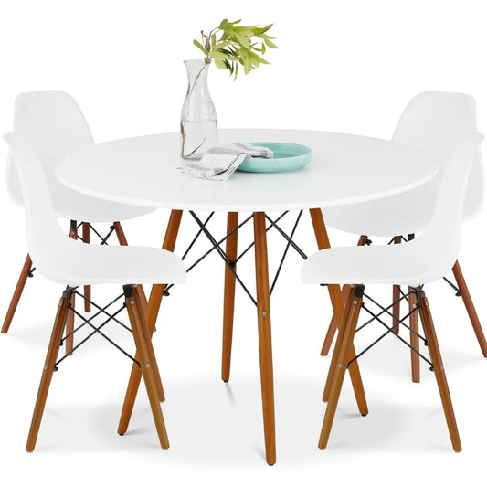 5-Piece Dining Set, Compact Mid-Century Modern Table & Chair Set for Home, Apartment w/ 4 Chairs, Plastic Seats, Wooden Legs,