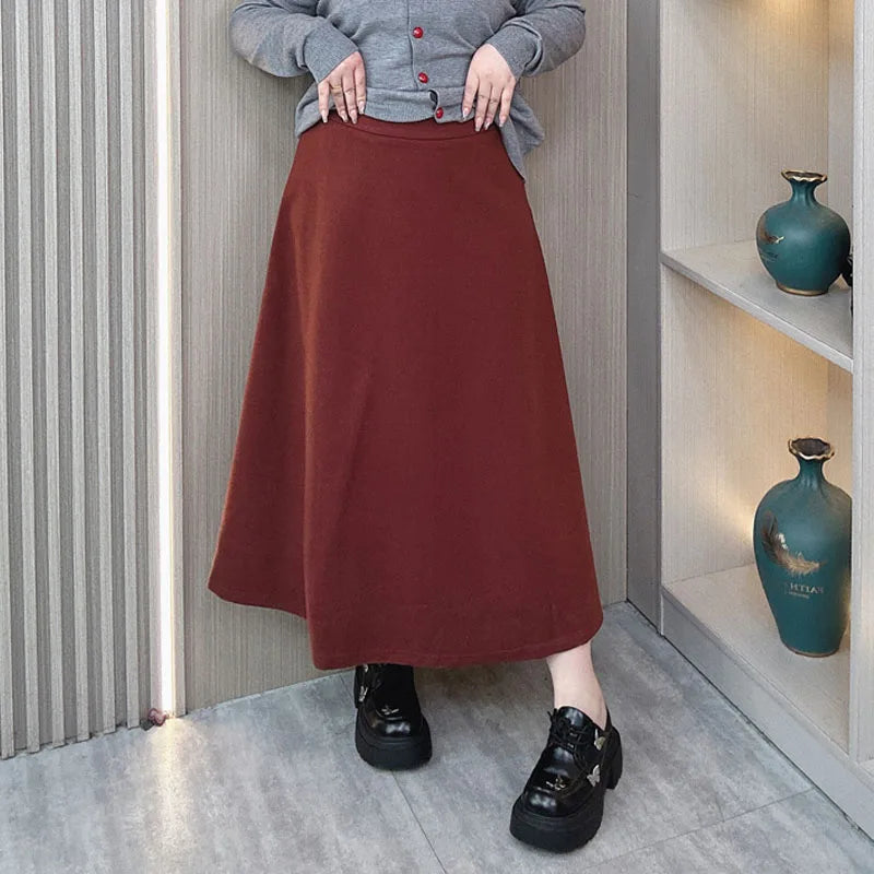 Red Woolen Umbrella Skirt Female Autumn Winter New Plus Size High Waist Loose MIDI Skirt 9280