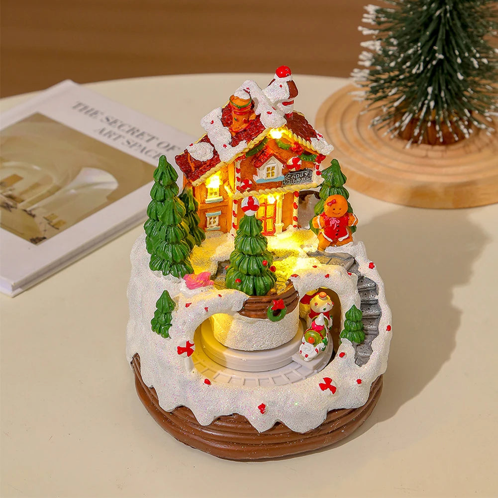 Christmas Music Box Snow Scene Ornament 6.3inch Illuminated Music Resin House Ornament Gift for Kids for Bookshelf Restaurant