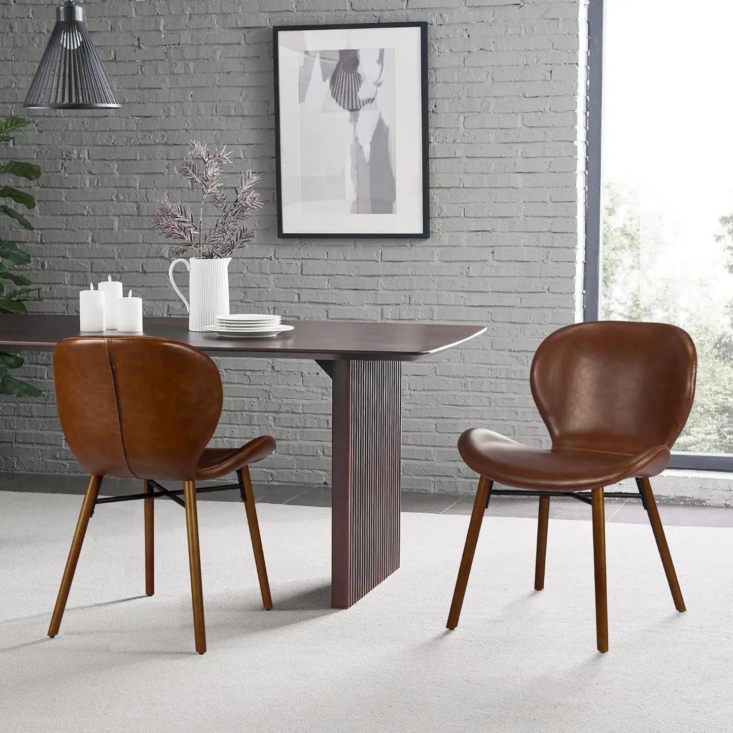 Century Modern Dining Chair Set of 4 Faux Leather Side Chair with Walnut Color Wood Legs for Kitchen Dining Room