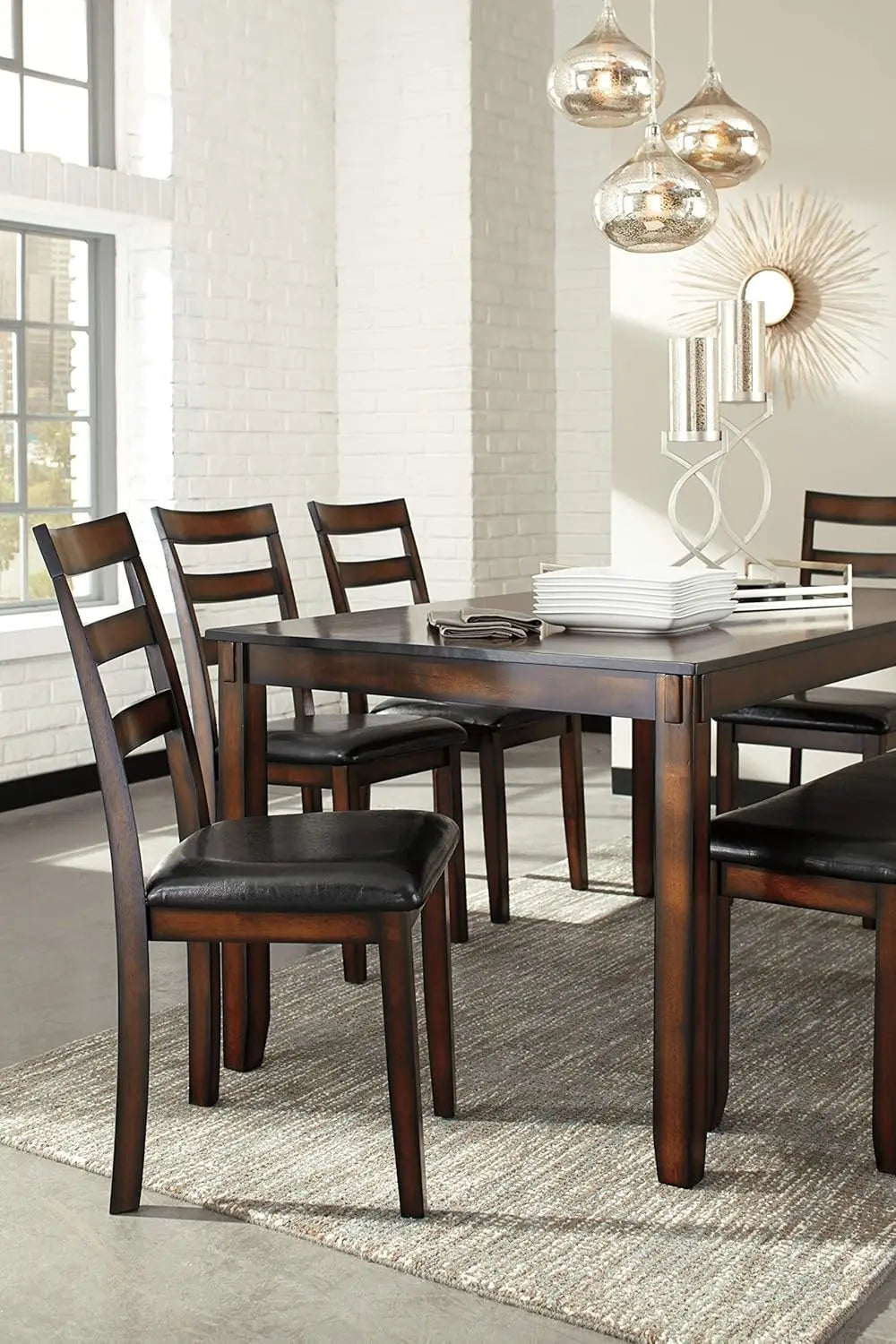 6 Piece Dining Set, Includes Table, 4 Chairs & Bench, Dark Brown