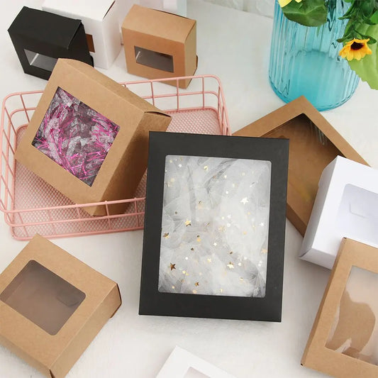 10Pcs DIY Vintage Color Kraft Paper Gift Box Cake Package with Clear PVC Window Candy Wrapping Bag Wedding Birthday Party Favors