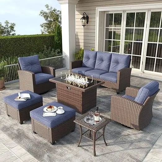 7 Pieces Patio Furniture Set, Rattan Wicker Rocking Glide Chairs with 44" Propane Gas Fire Pit Table, Garden Furniture Sets