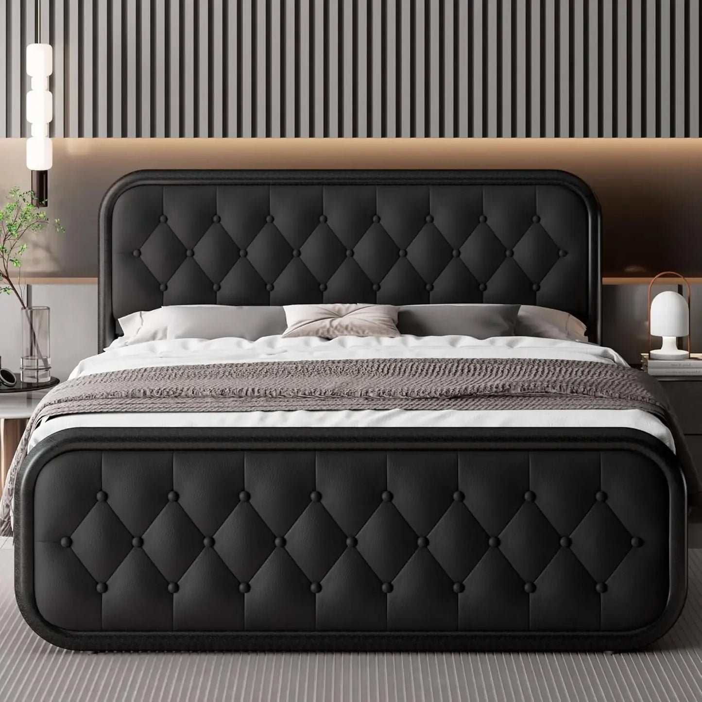 King Size Bed Frame, Heavy Duty Bed Frame with Faux Leather Headboard, Upholstered Platform Bed with Strong Metal Slats