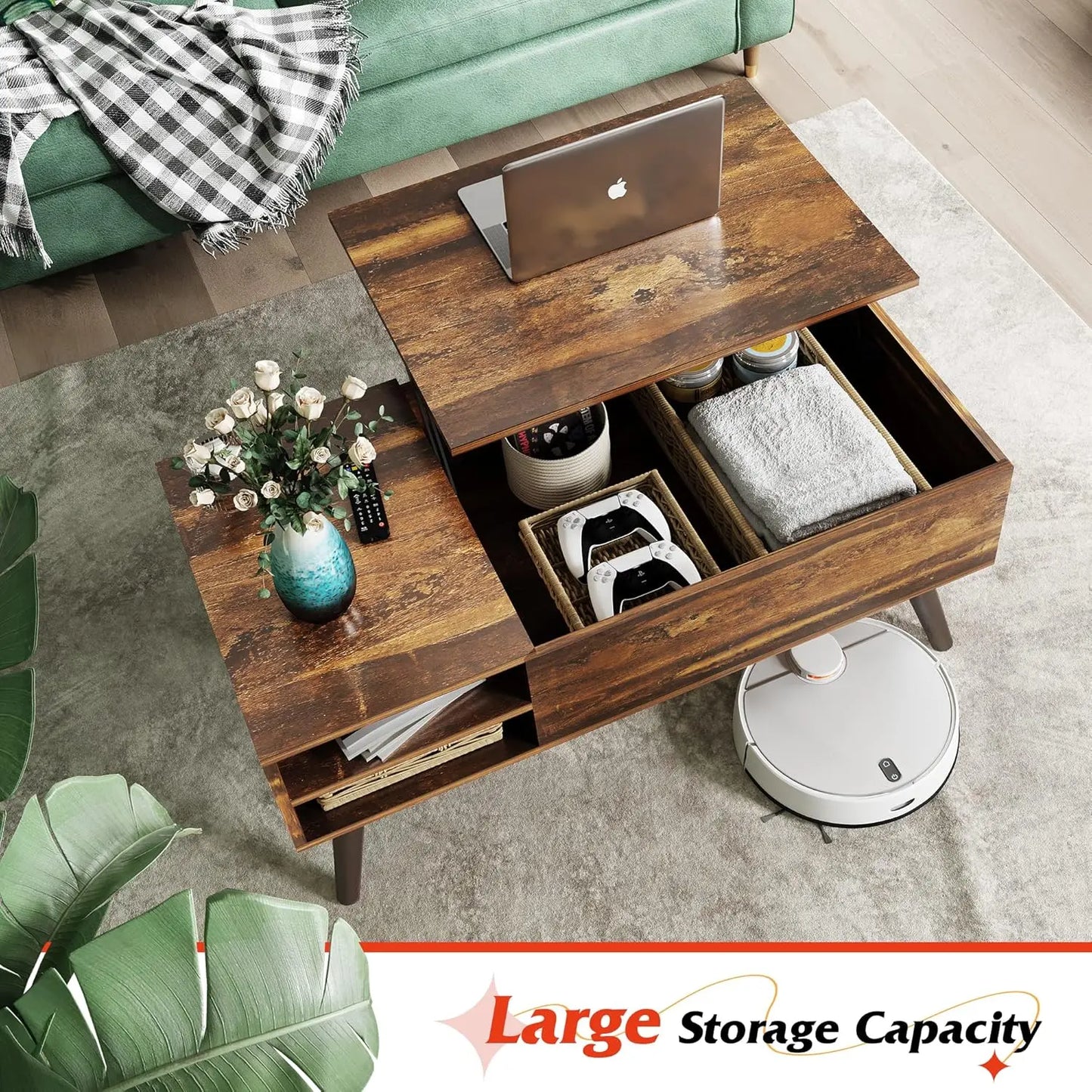 Lift Top Coffee Table with Hidden Compartment and Adjustable Storage Shelf, Lift Tabletop Dining Table for Home Living Room