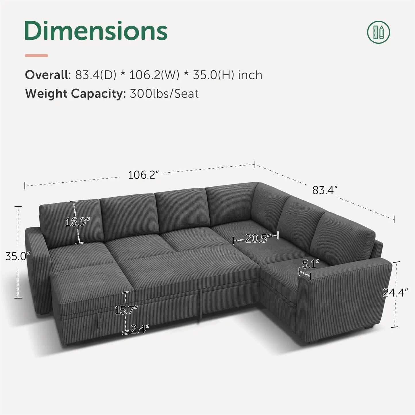 Sectional Couch with Pull Out Bed, Corduroy Sleeper Sofa with Storage Seats Ottoman, U Shaped Sectional Couches for Living Room