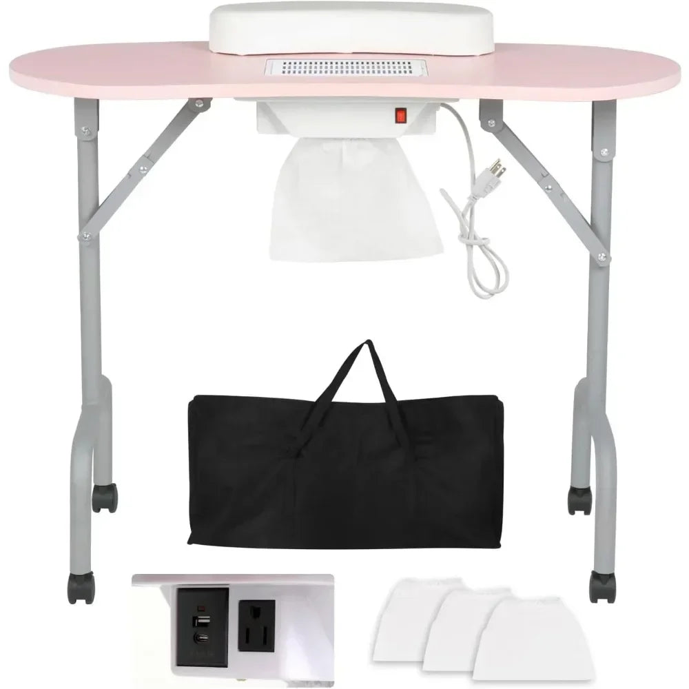 Portable Manicure Table Foldable Nail Desk with Charging Station Dust Collector Professional Nail Tech Table for Technician Spa