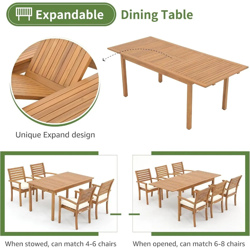 7 Piece Patio Dining Set, Extendable Rectangular Table and 6 Stackable Chairs, Outdoor Acacia Wood Furniture Set