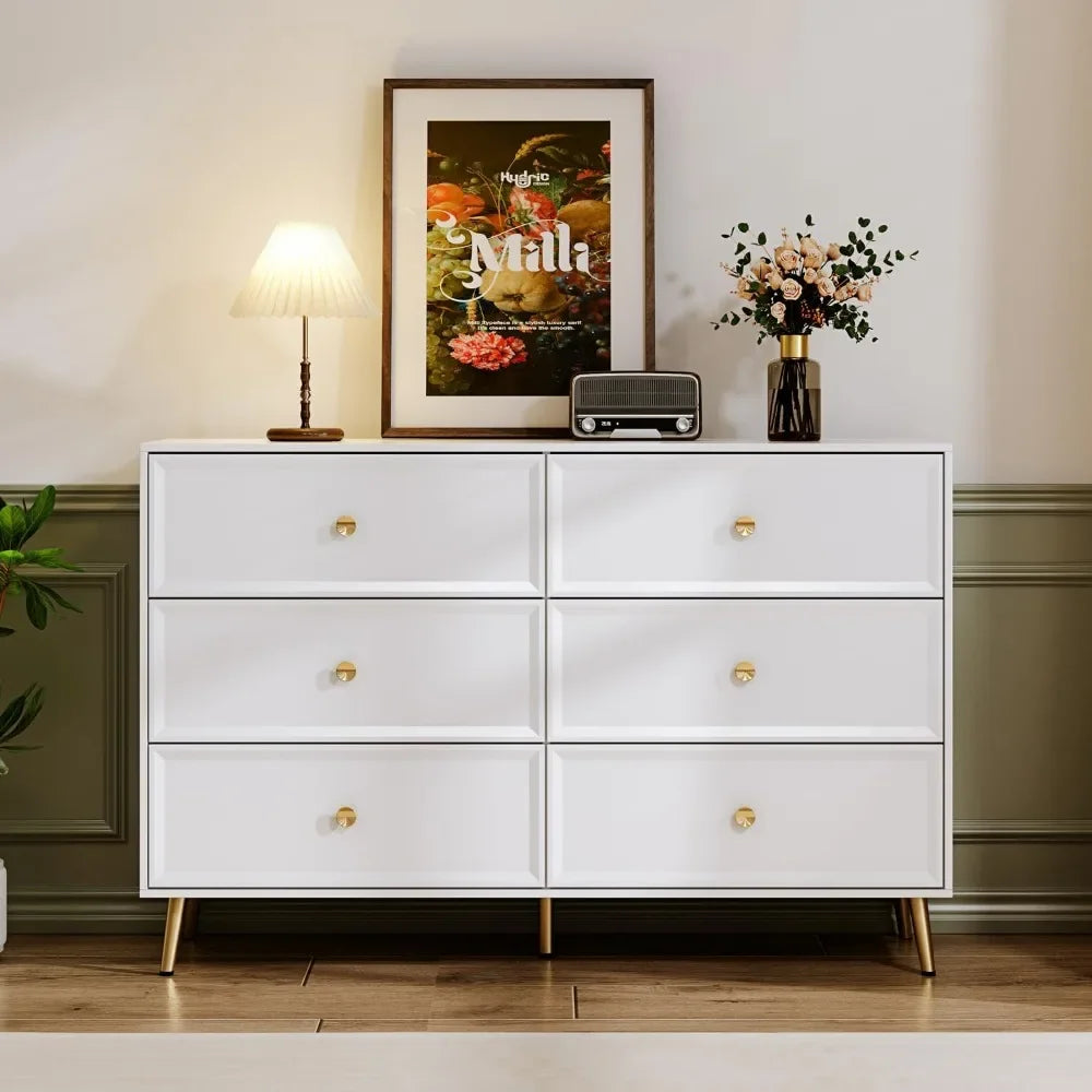 White 6 Drawer Dresser for Bedroom, Large Double Dresser with Wide Drawers, Modern Chest of Drawers