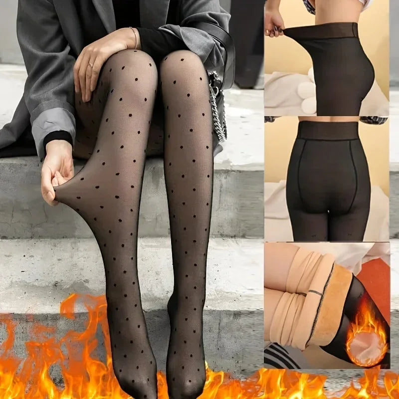 Warm Winter Women Pantyhose Heart Print Pattern Fleece-Lined Tights High-Elastic Thermal Stockings