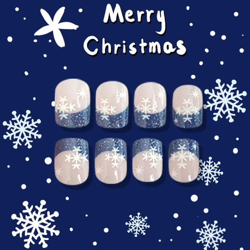 24 Pcs Christmas False Nails for Beautiful Gluing Dark Blue French Press on Nails Snowflake Glitter Short Square Fake Nails 2024