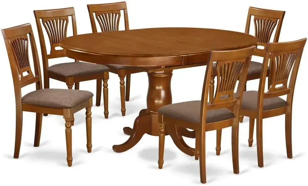 Dining Room Furniture Set 7 Piece Consist of an Oval Kitchen Table with Butterfly Leaf and 6 Linen Fabric Upholstered Chairs