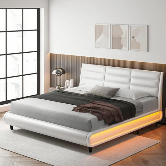 Upholstered Bed Frame with Smart LED, PU Low Profile Platform Bed with Adjustable Headboard, Mattress Foundation with Wood Slats