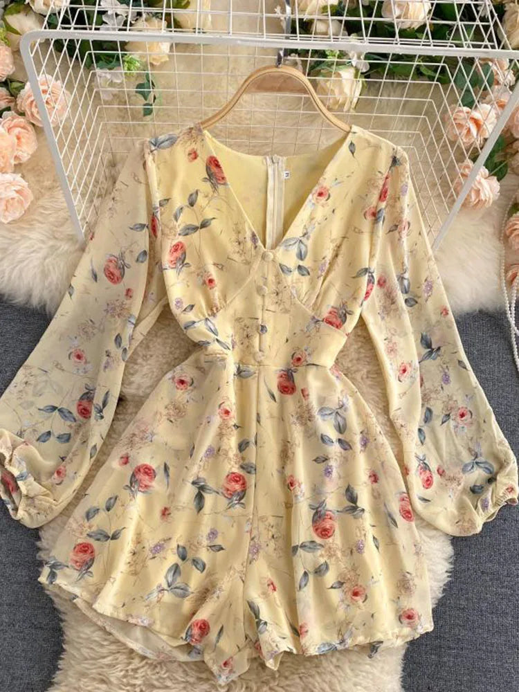 Sommer Print Strampler frauen V-ausschnitt Puff Ärmeln Taille Dünne Alle-spiel Overalls Hohe taille Chiffon Breite bein Playsuits PL465