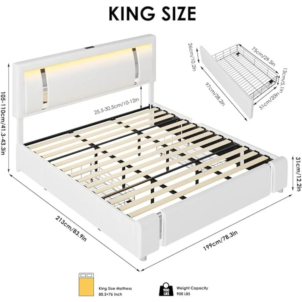 Bed Frame with RGB LED Lights & 2 Storage Drawers, Modern Upholstered Platform Bed with Iron Metal Decor, Suitable for bedrooms