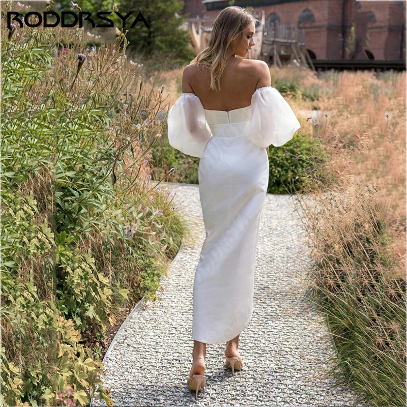 RODDRSYA Elegant Lantern Sleeve Wedding Dresses For Women Simple Satin Belt Bridal Party Sexy Strapless Backless Bride Gowns