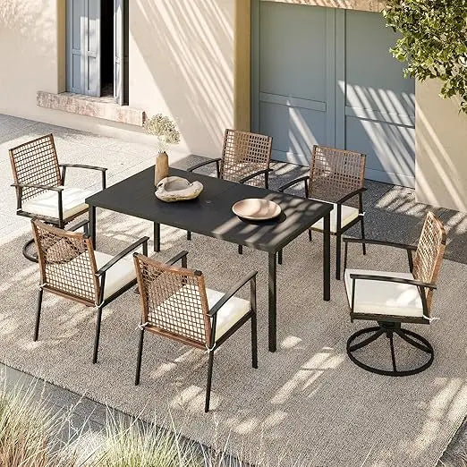 7 Pieces Patio Dining Set, with Soft Cushion and Iron Slats Table Top with Umbrella Hole, Outdoor Furniture Sets