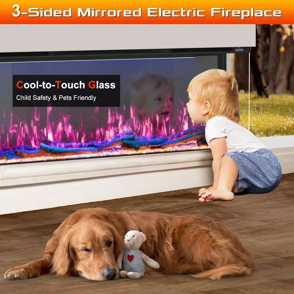 3 Sided Mirrored Electric Fireplace 60" Smart Wall Recessed Fireplace Insert Linear Fire Places Heater with APP & Remote Control