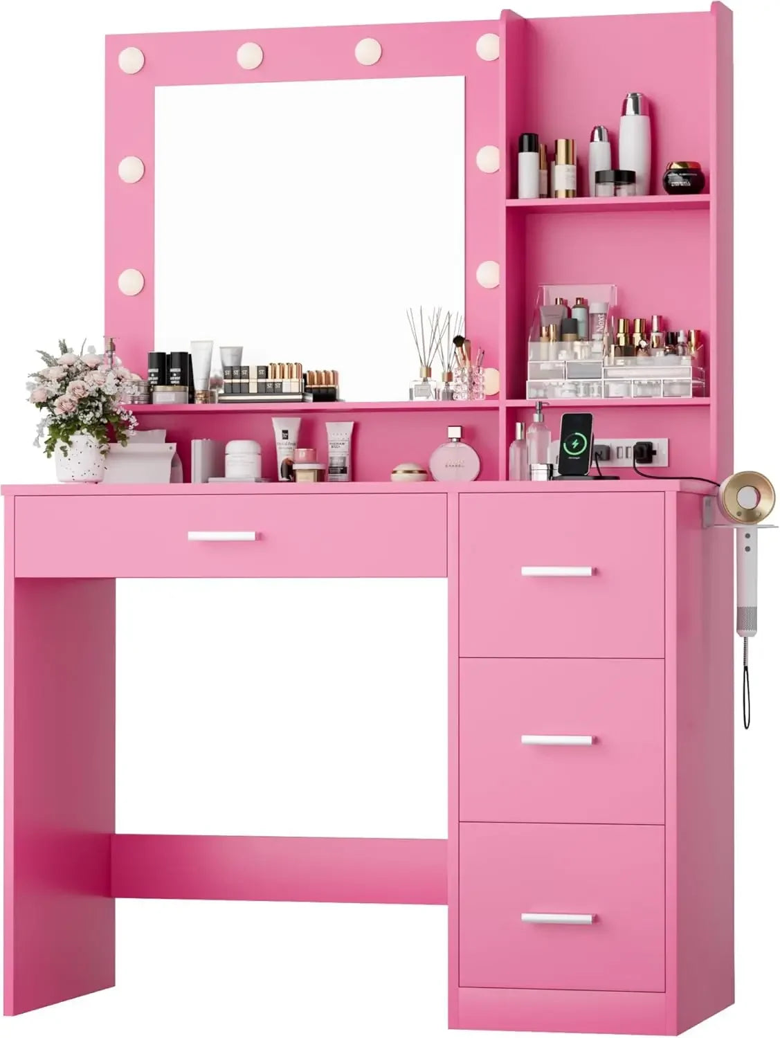 Vanity Desk with LED Lighted Mirror&Power Outlet, 39.3’’ Makeup Vanity Table with 4 Drawers and 3 Storage Shelves, Adjustable