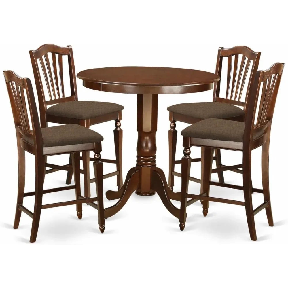 5 Piece Counter Height Dining Table Set Includes a Round Kitchen Table with Pedestal and 4Linen Fabric Upholstered Dining Chairs