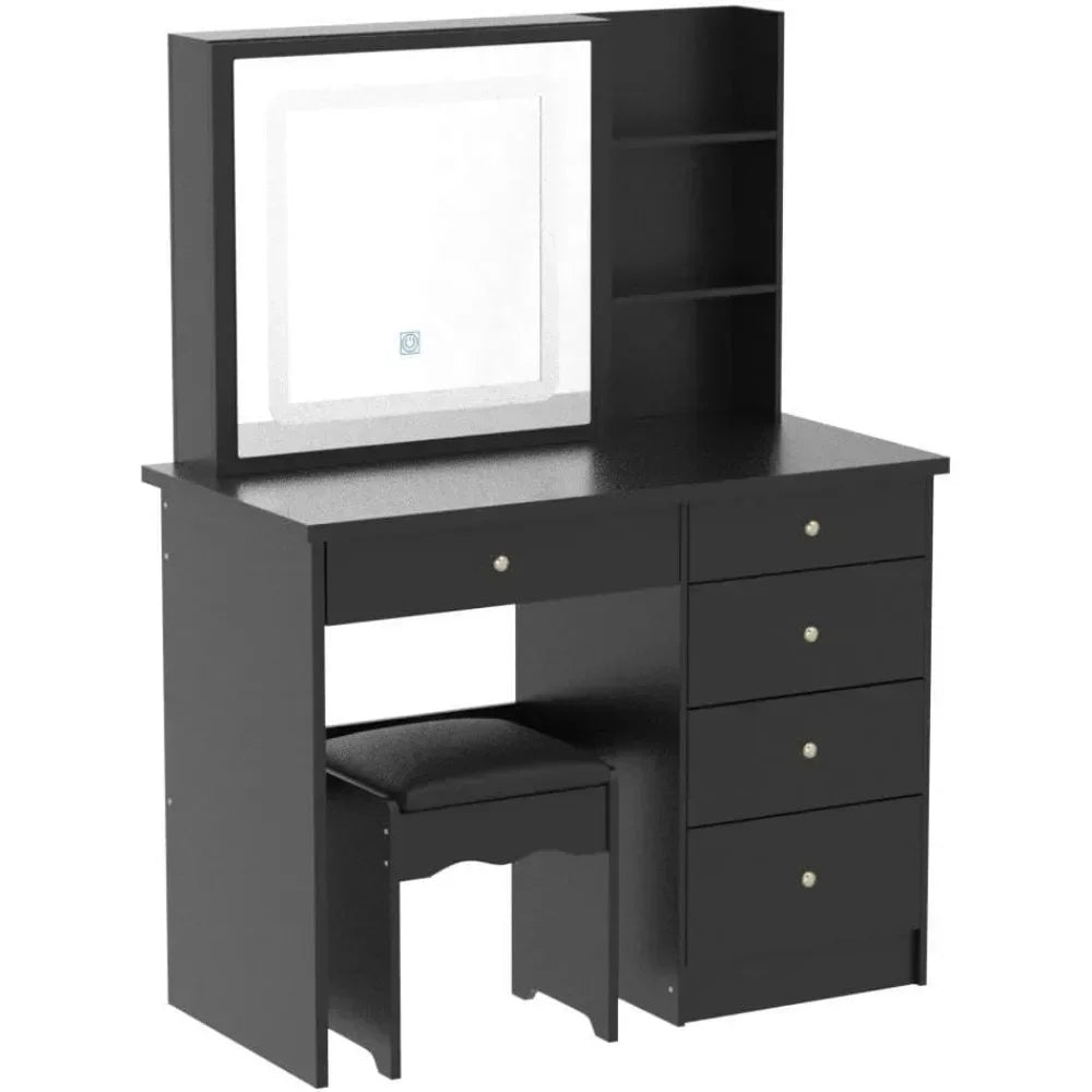 Vanity Desk Set with Large Sliding Lighted Mirror, Dressing Table with 5 Drawers, Storage Shelves & Cushioned Stool Makeup Table