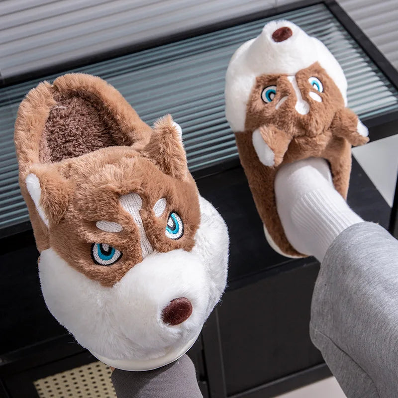 Women Indoor Cotton Slippers Cute Cartoon Dog Winter Warm Shoes Couples Home Floor Slides Anti-slip  Female Male House Footwear