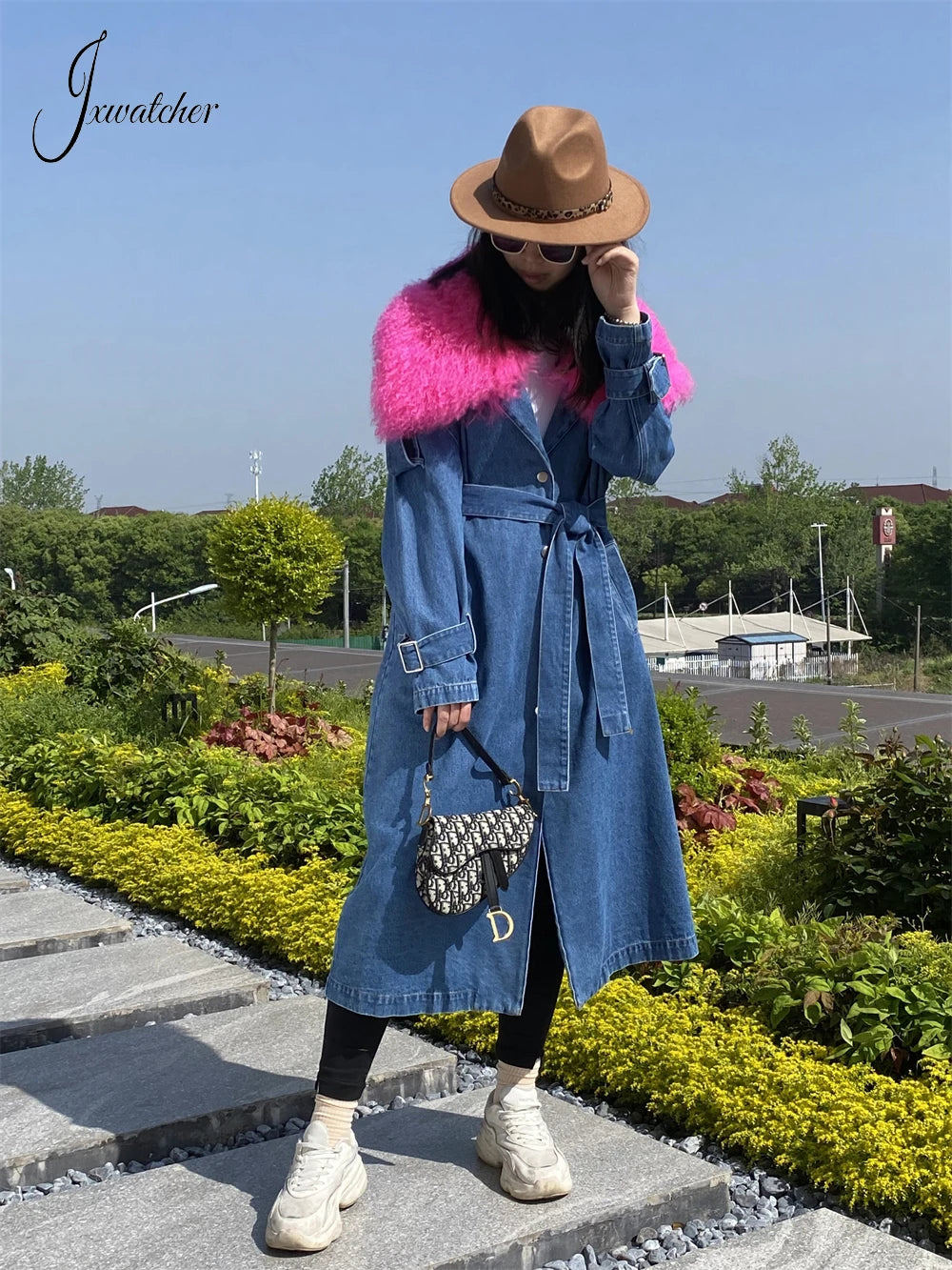 Jxwatcher Denim Coat 2024 New Coming Denim Windbreak With Mongolian Fur Collar Women's Spring Jacket Ladies Trench Coats Autumn