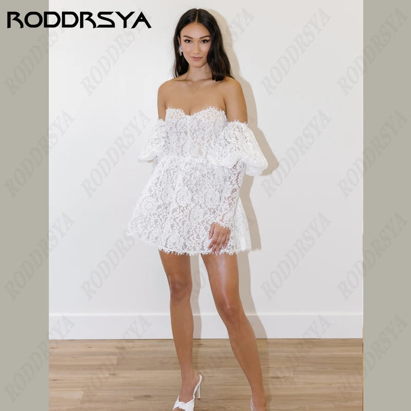 RODDRSYA Strapless Lantern Sleeves Wedding Dresses For Women A-Line Tulle Short Bride Party Zipper Backless Vestido De Novia