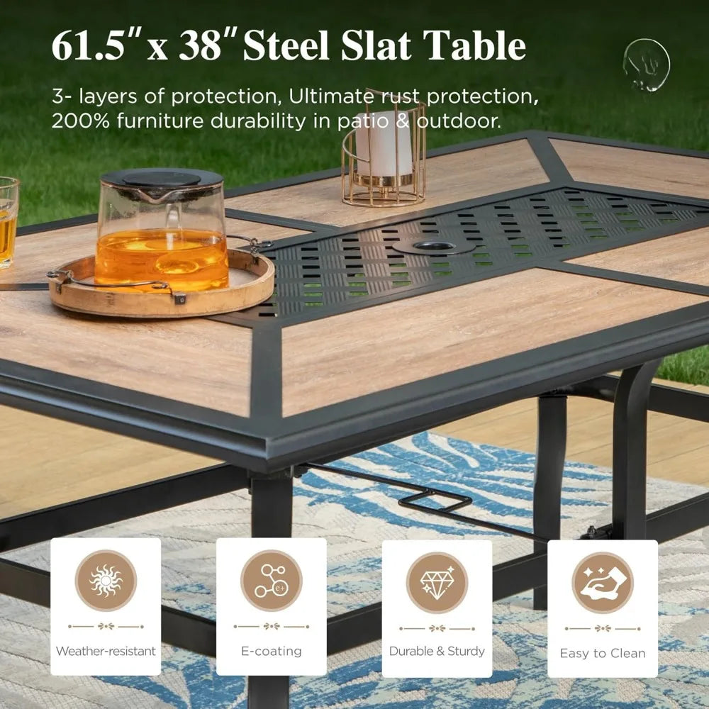 Patio Table and Chairs Set, Rectangular Outdoor PVC Metal Table with Umbrella Hole, 7 Pieces Outdoor Dining Sets