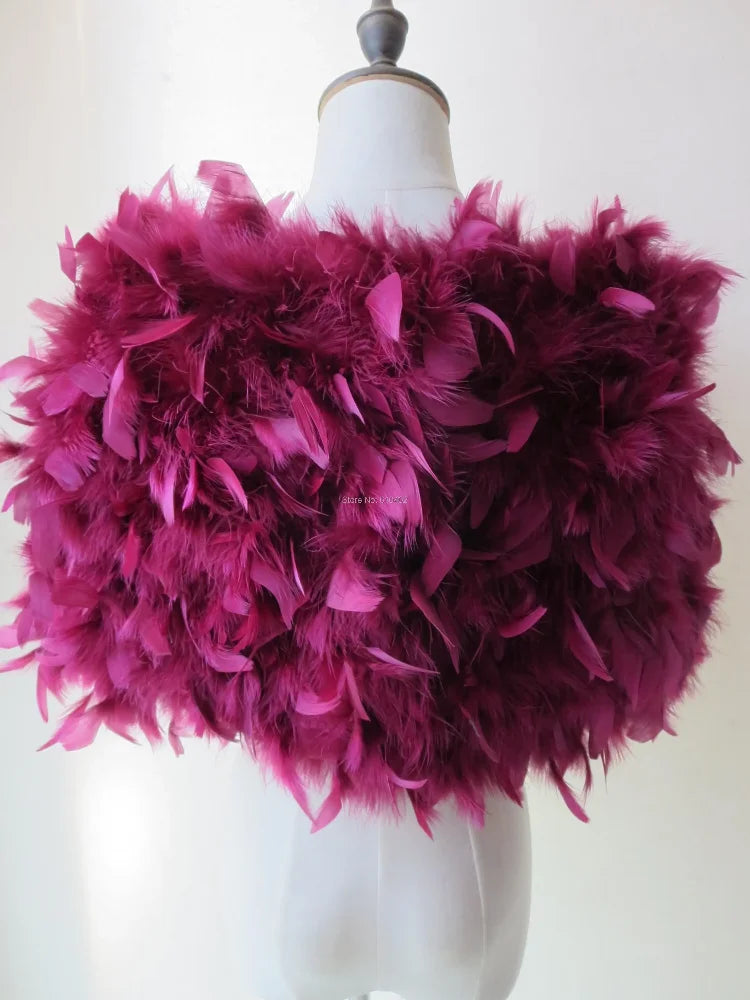 Real Ostrich Feather Fur Shawl Wraps Warm Cape For Wedding Party Dinner Wine Red