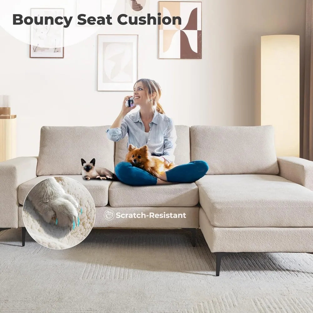 97" Modern L Shape Couch With Comfy Lounge Chaise Sectionals Couch Sofa Furniture Beige Cloud Velvet Living Room Sofa Chair Home