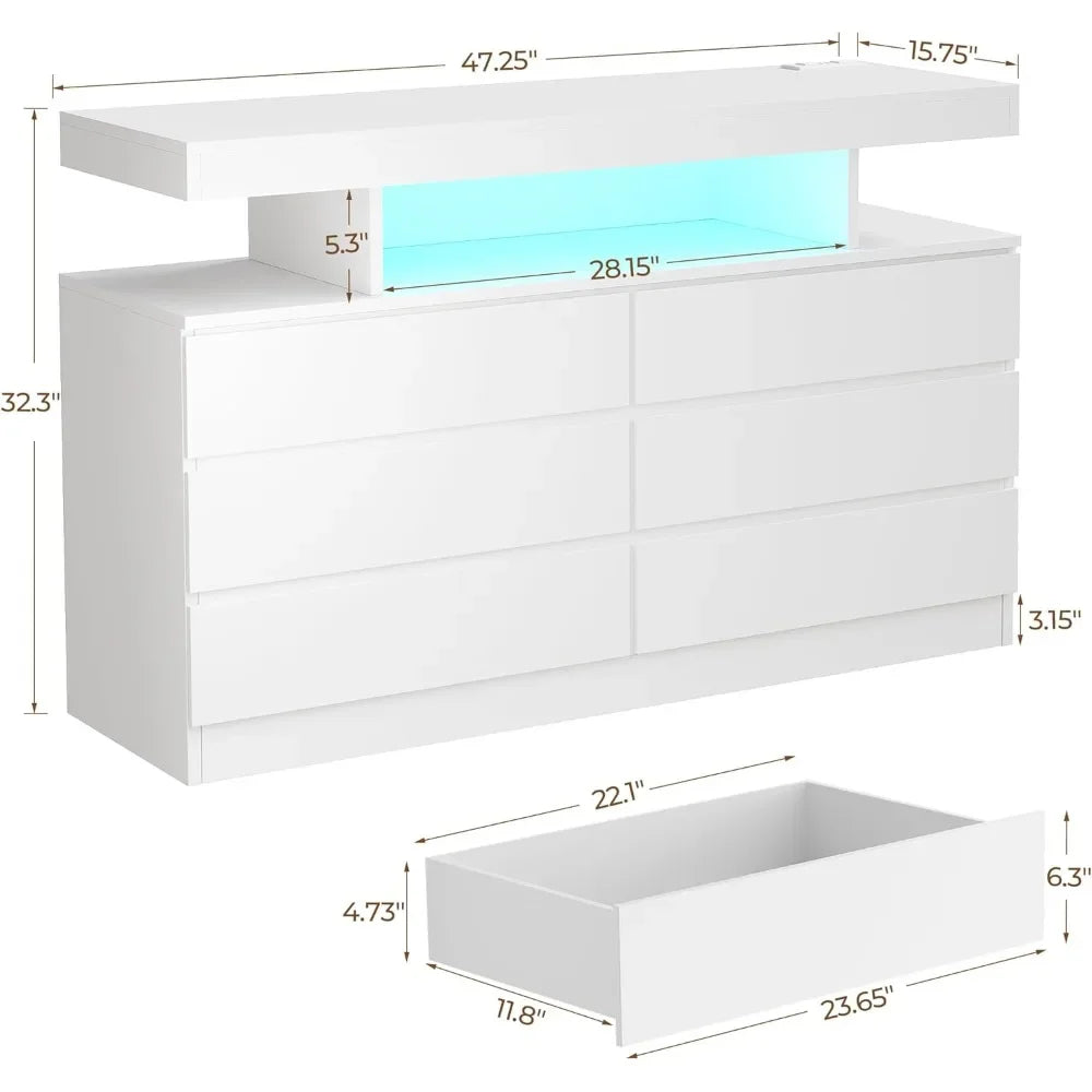 White Dresser for Bedroom with Charging Station and LED Lights, 6 Drawer Dresser Chests of Drawers, Wood Dresser