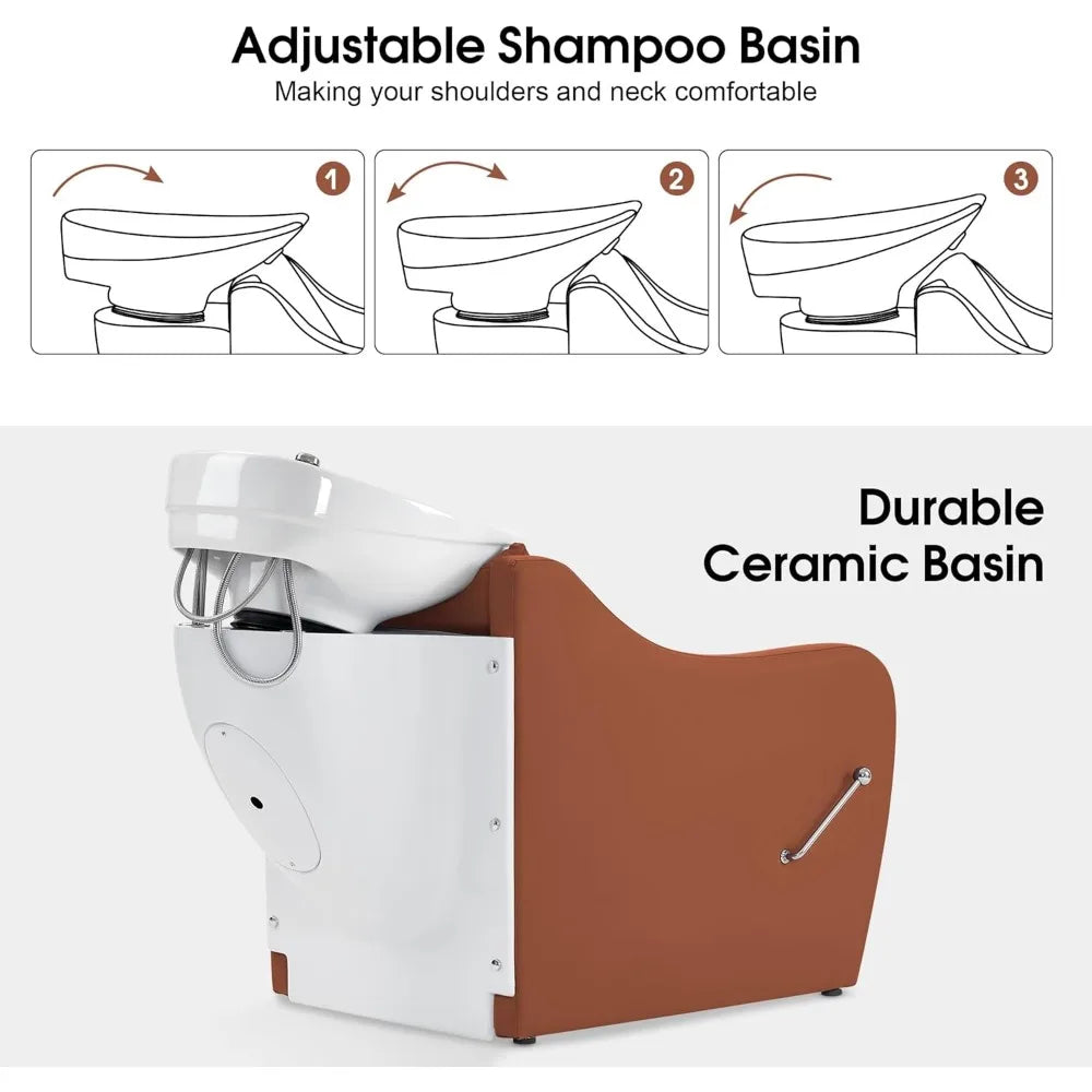 Shampoo Barber Classic Chairs, Ceramic Shampoos Bowl Sink Chair Station for Spa Beauty Salon,Reclining Shampoo Station Chair