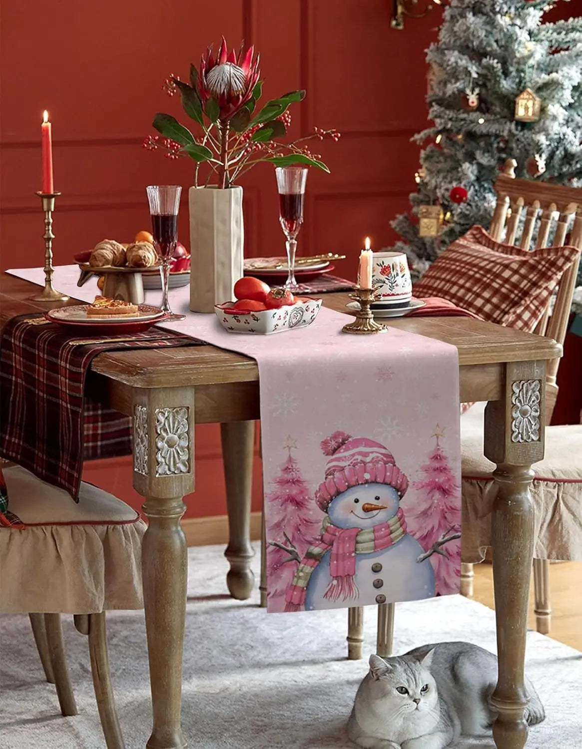 Christmas Pink Snowman Xmas Tree Snowflake Linen Table Runner Winter Xmas Party Kitchen Dining Table Decor Christmas Decorations