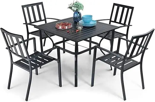 5 Piece Outdoor Dining Table Set ,37” Square Metal Dining Table with Umbrella Hole& Stackable Steel Chairs,Garden Furniture Sets