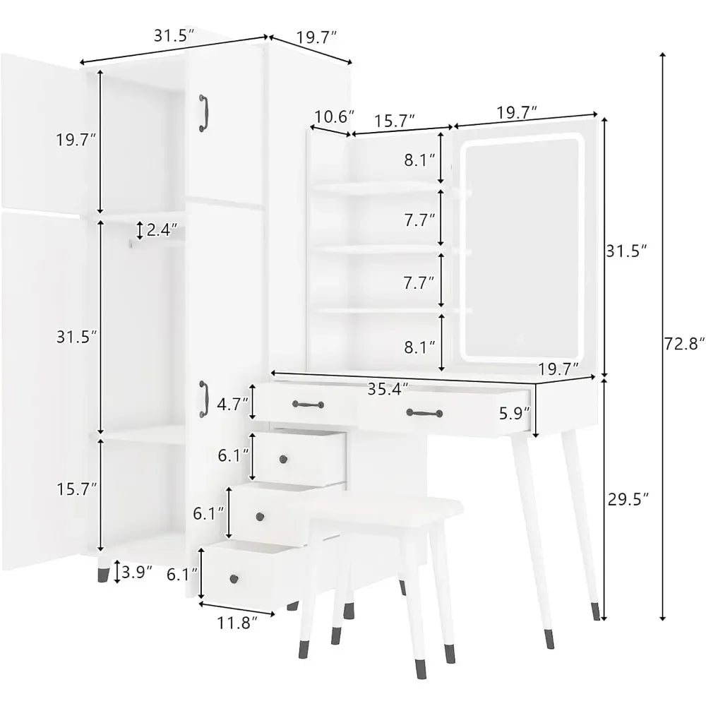 Vanity Desk with Mirror and Lights Makeup Vanity Table Set with Charging Station White Desk with Wardrobe