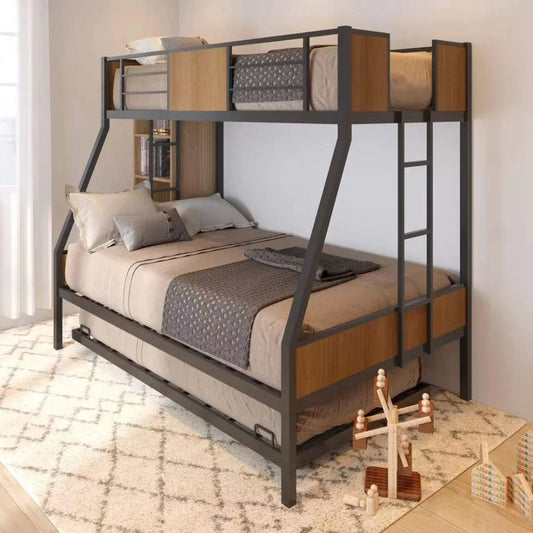 Twin Over Full Bunk Beds with Trundle Bed, Heavy Duty Metal Bed Frame with Safety Rail 2 Side Ladders, No Box Spring Needed