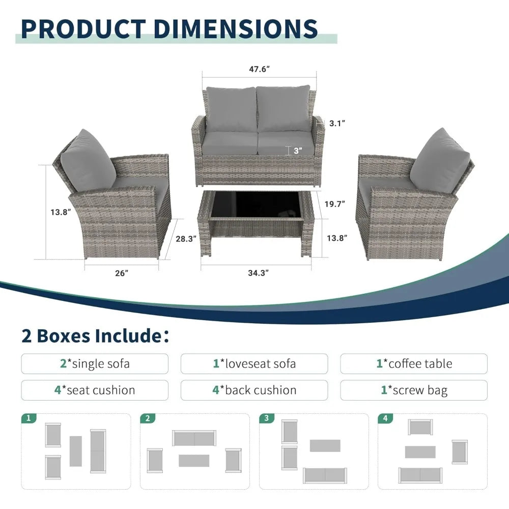 4 Pieces Patio Furniture Set,Wicker Outdoor Sectional Sofa Sets, Grey PE Rattan Patio Conversation Set, Garden Furniture Sets