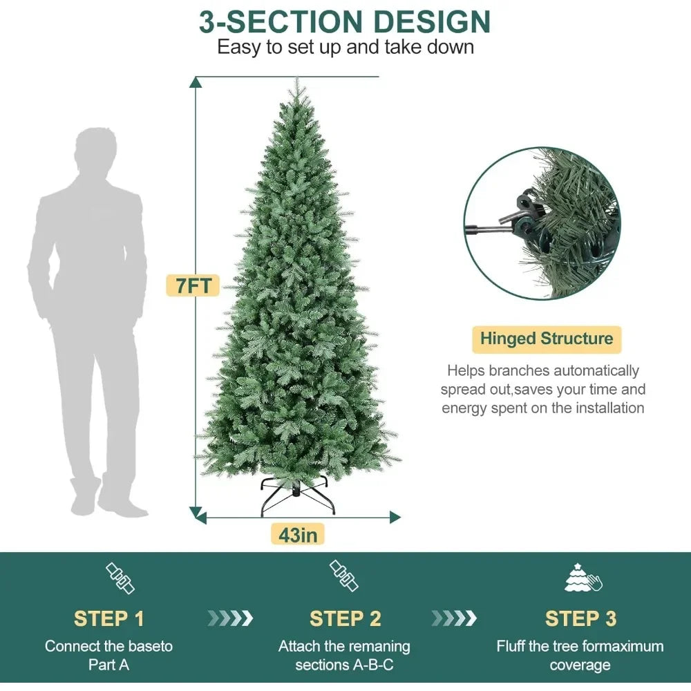 7 FT Artificial Skinny Christmas Tree,Unlit Blue Spruce Slim Pencil Xmas Tree with 1552 PE&PVC Mixed Branch Tips,